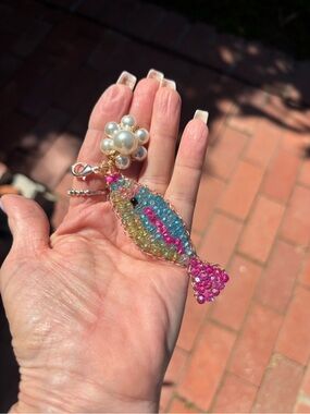 Multicolor Beaded Fish bag charm with Pearl Accent